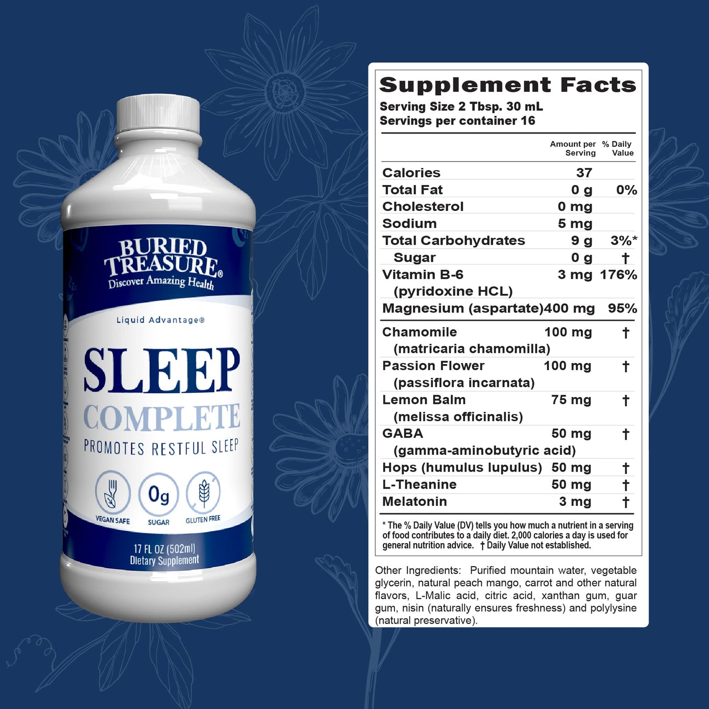 Buried Treasure Sleep Complete Promotes Restful Sleep with Chamomile Passion Flower Lemon Balm Melatonin Herbal Whole Food Complex 16 oz