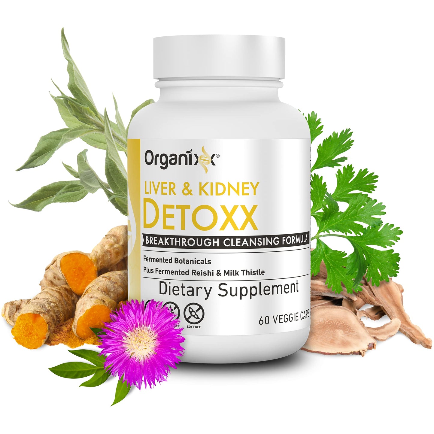 Organixx Kidney & Liver Support Cleanse Supplement, Milk Thistle Reishi Herbal Formula For Digestive Health, Kidney & Liver Health, Sleep & Energy Support, Gluten Free, Non GMO, 60 Vegetarian Capsules