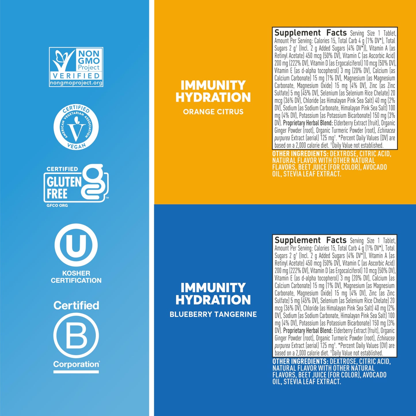 Nuun Immunity Electrolyte Tablets with Vitamin D, C, E, & A, Ginger, Elderberry, Magnesium & 4 Other Essential Electrolytes, Vegan, Blueberry Tangerine & Orange Citrus, 4 Pack (40 Servings Total)