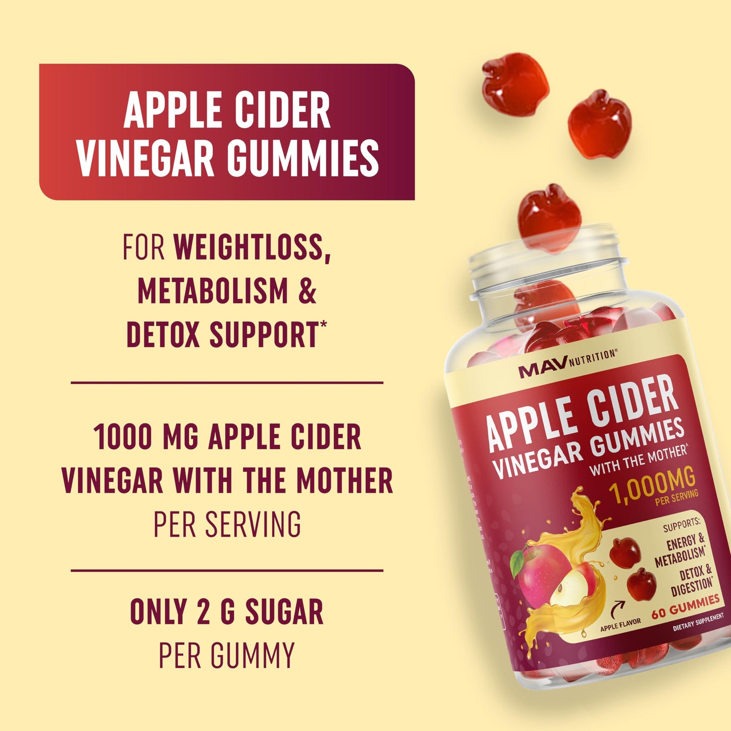 MAV NUTRITION Organic Apple Cider Vinegar Gummies for Digestion, Detox & Immunity & Support with ACV | with The Mother, Vitamin B6, B12 & Folate | Vegan, 500MG | 60 Ct