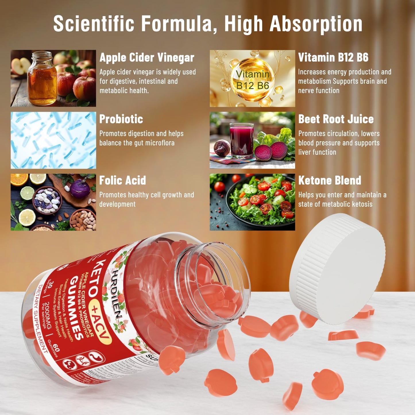 Keto ACV Gummies - 2000mg Apple Cider Vinegar Gummies with Probiotics, Vitamin B12 & B6 for Digestion, Energy Boost, Immunization & Hair Health - 60 Count No Sugar, Non-GMO, Gluten-Free for Women Men