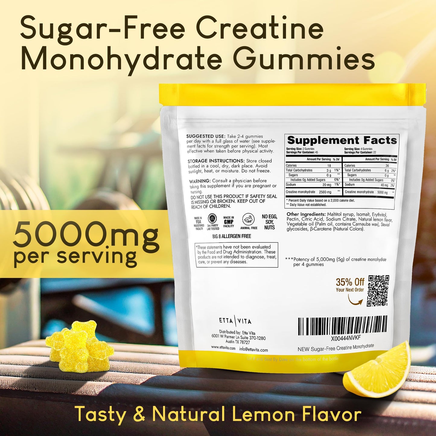 Sugar-Free Creatine Monohydrate Gummies 5gram per Serving, Potent Creatine Gummies for Men & Women, Supplement for Muscle Support, Cellular Energy & Cognitive Function, Gluten-Free