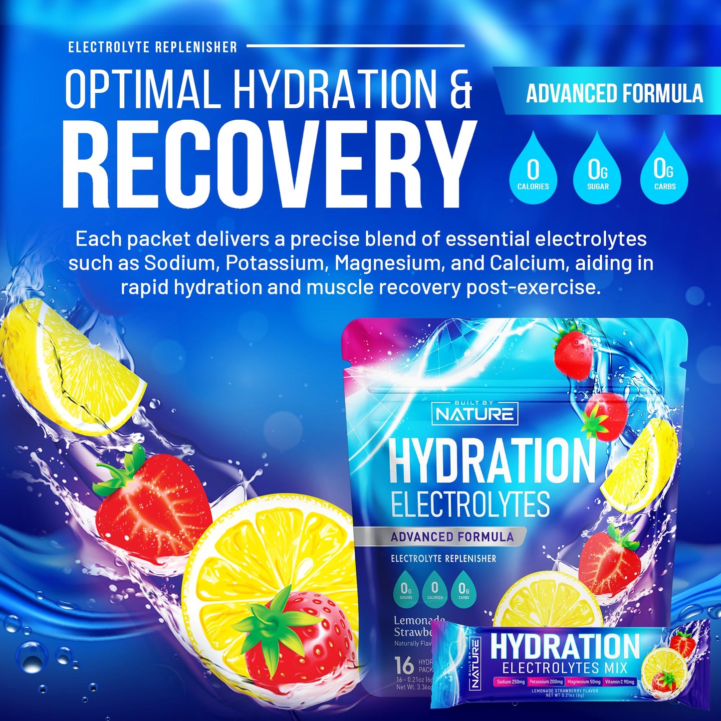 Electrolytes Powder Hydration Packets - Recovery Drink Mix with Sodium, Potassium, Magnesium, Calcium, Vitamin C & Zinc - Sugar Free, Keto, Non GMO & Vegan - Strawberry Lemonade - 16 Sticks