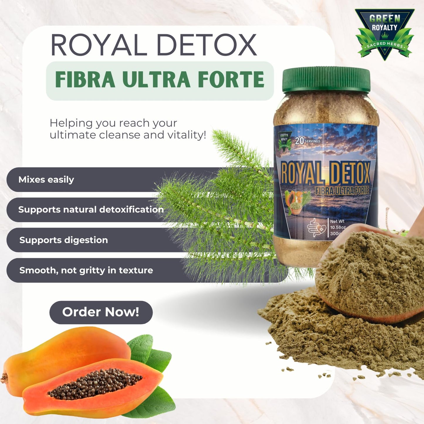 GREEN ROYALTY Royal Detox Fibra Ultra Forte | Premium Fiber Blend for Digestive Support & Natural Cleanse | 10.58 oz (300g) | 20 Servings