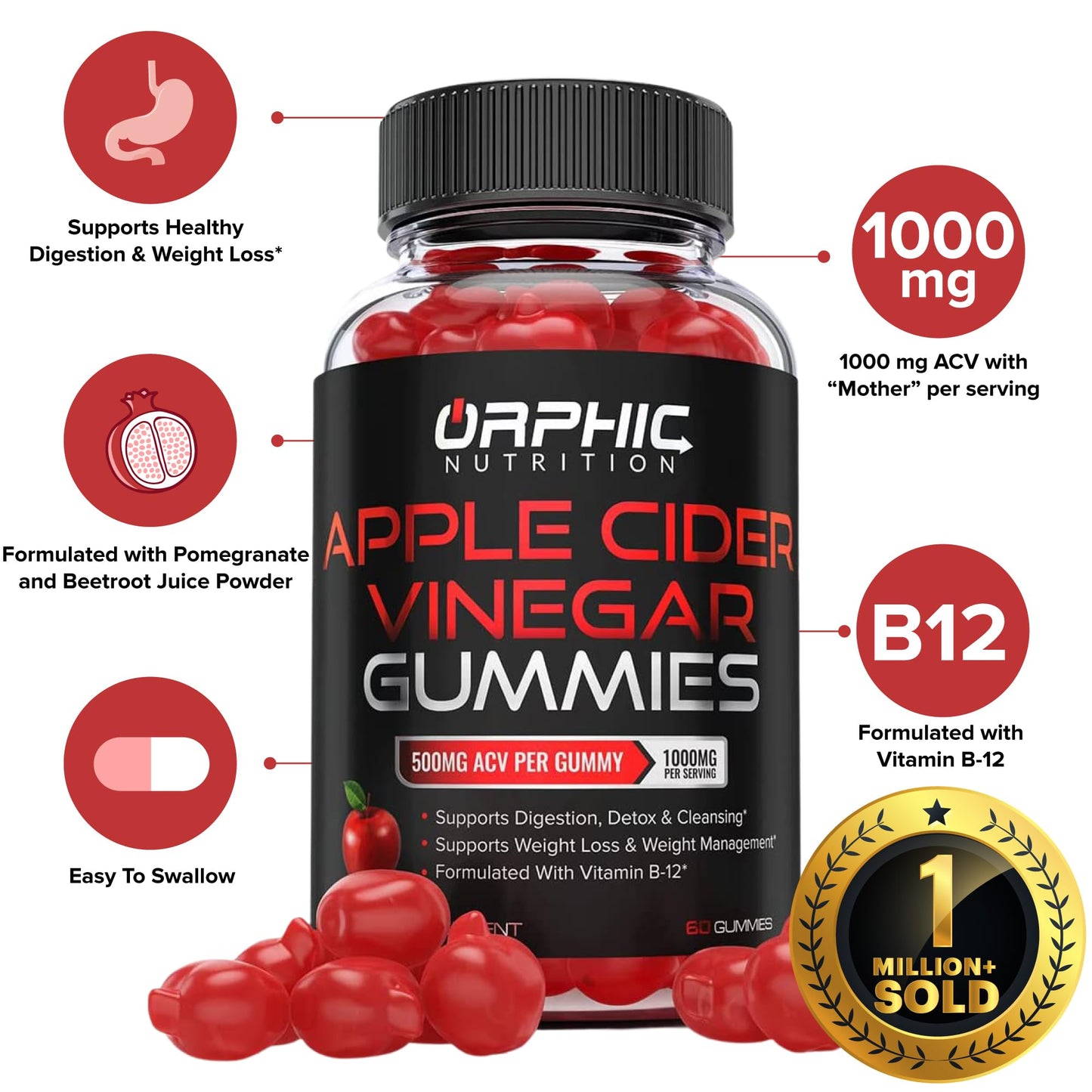 Apple Cider Vinegar Gummies - 1000mg - Formulated to Support Normal Energy Levels & Gut Health - Supports Digestion, Detox & Cleansing - ACV Gummies W/VIT B12, Beetroot (120 Gummies)