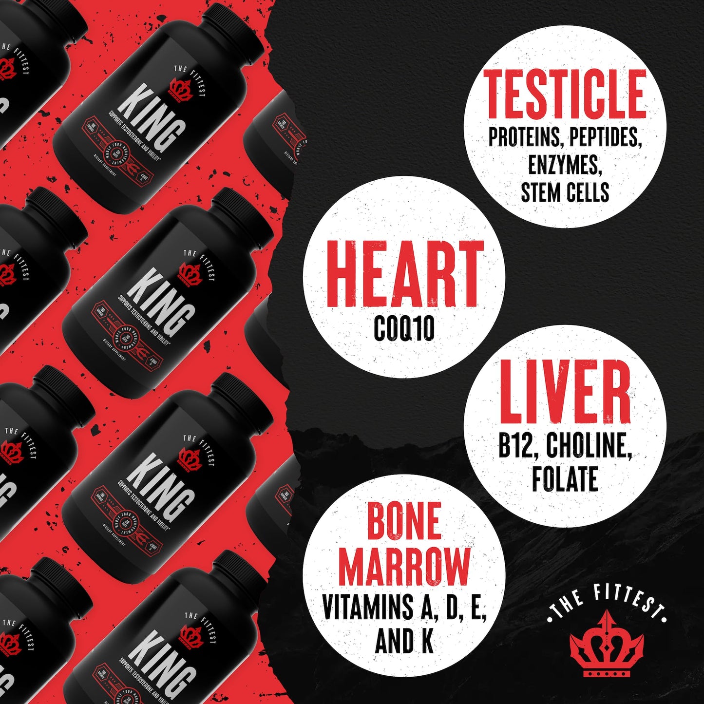 The Fittest King - Testosterone Booster Supplement - Supports Hormone Health, Stamina, & Strength - Includes Grass fed Bovine Liver, Bone Marrow, Heart & Testicle - 180 Capsules