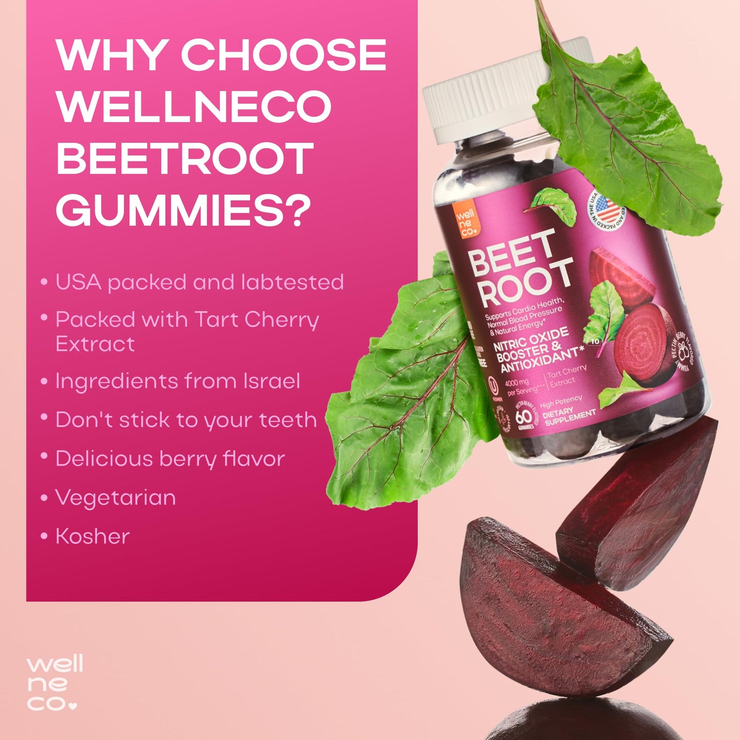 Beet Chews for High Blood Pressure - Beet Root Gummies with Tart Cherry - Nitric Oxide Supplements for Energy, Cardio Health - Vegan, No GMO, Pectin Based - for Women and Men
