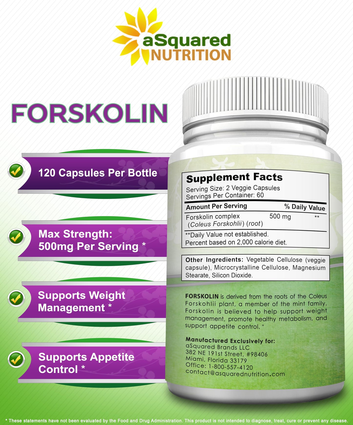 aSquared Nutrition Forskolin 500mg Max Strength -120 Capsules, Natural Supplement for Pure Weight Loss Fuel, Coleus Forskohlii Root-Forskolin Diet Pills, Belly Buster Pure Fat Burner 2X Slim Trim Lose