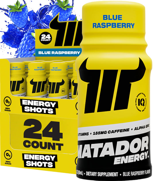 MATADOR Energy Shots Extra Strength Mini Energy Drinks w/B Complex Vitamins (Vitamin B12-B9-B6-B3), Alpha GPC Nootropic Focus, Coffee Bean Extract Caffeine Shots, 24 Shot Count Blue Raspberry