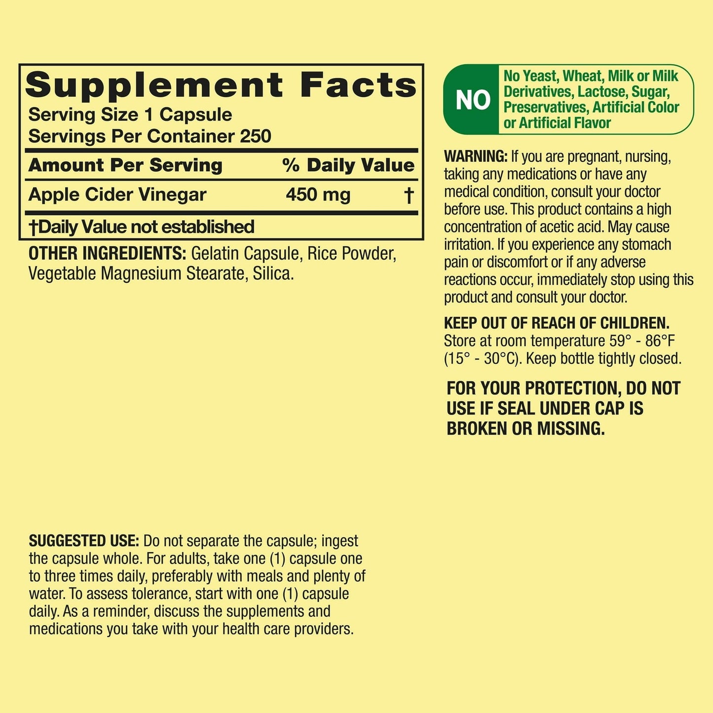Apple Cider Vinegar Capsules 450 mg - ACV Supplement for Wellness, 250 Count - Apple Cider Vinegar Pills, Vinagre de Manzana Capsulas