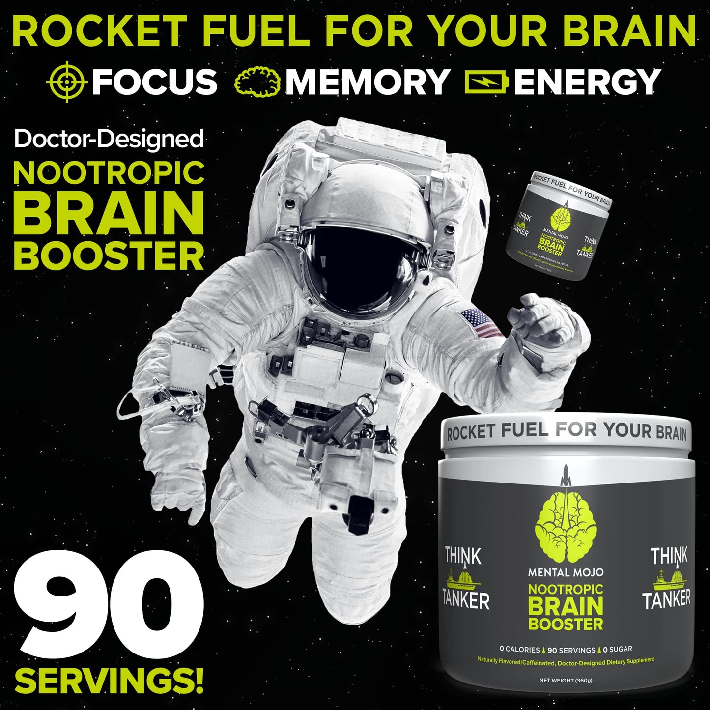 Mental Mojo Nootropic Brain Booster (90 Servings) Nootropic Drink Mix & Brain Supplement - Brain Fuel Boosts Energy, Focus & Memory - Zero Calories, Sugar Free - Kiwi Strawberry
