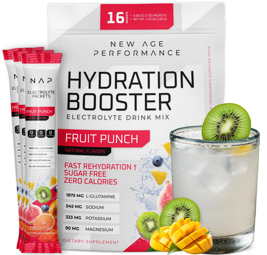 New Age Performance Hydration Packets, Electrolytes Powder, Liquid Enhancer for Dehydration Relief, L-Glutamine Amino Acids for Muscle Workout Recovery, Sugar Free & 0 Calorie, 16 Sticks (Fruit Punch)