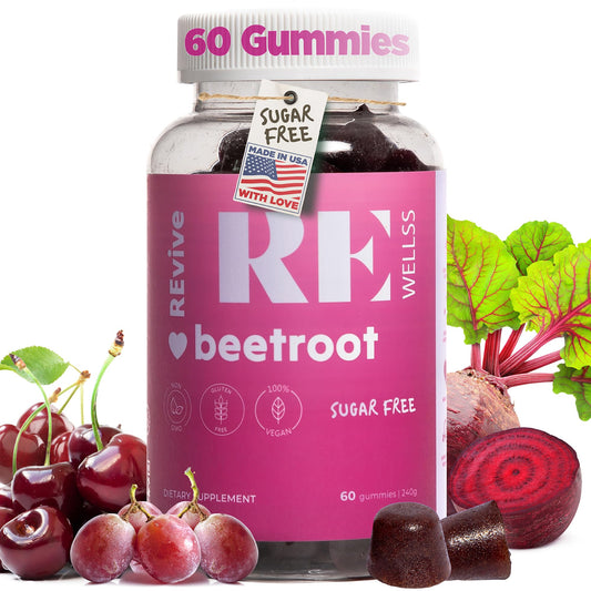 REWELLSS Beet Root Gummies with Grape Seed Extract Energy Supplements I Sugar Free Nitric Oxide Supplements for Men & Women I Overall Health & Blood Pressure Support I 60 Gummies - Cherry Flavor
