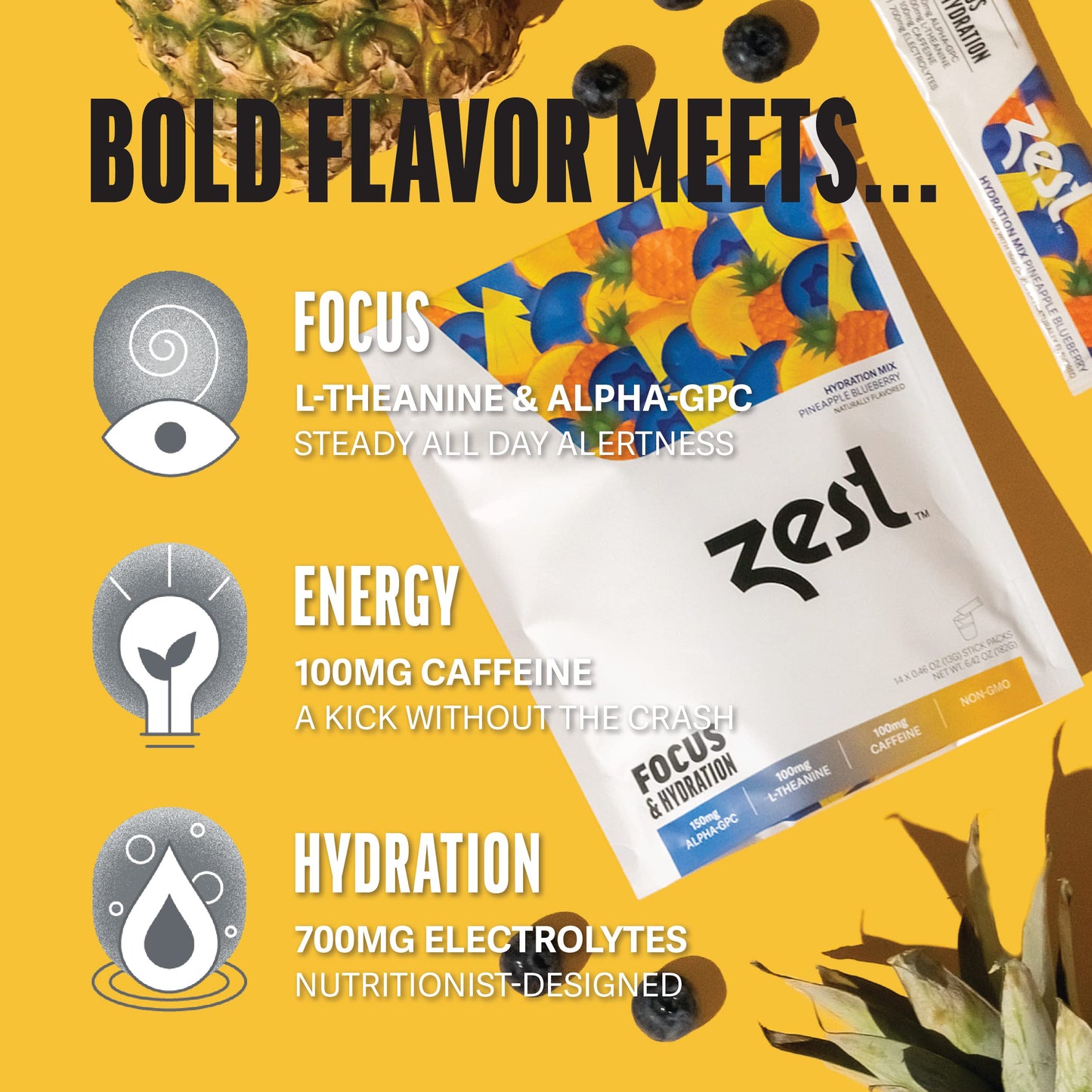 Zest Caffeine, L-Theanine, & Alpha GPC - Focus & Electrolyte Hydration Powder - Pineapple Blueberry - Mix w/Water - 14 Packets - Nootropic Brain Booster Supplement Drink - Low Sugar Liquid Enhancer