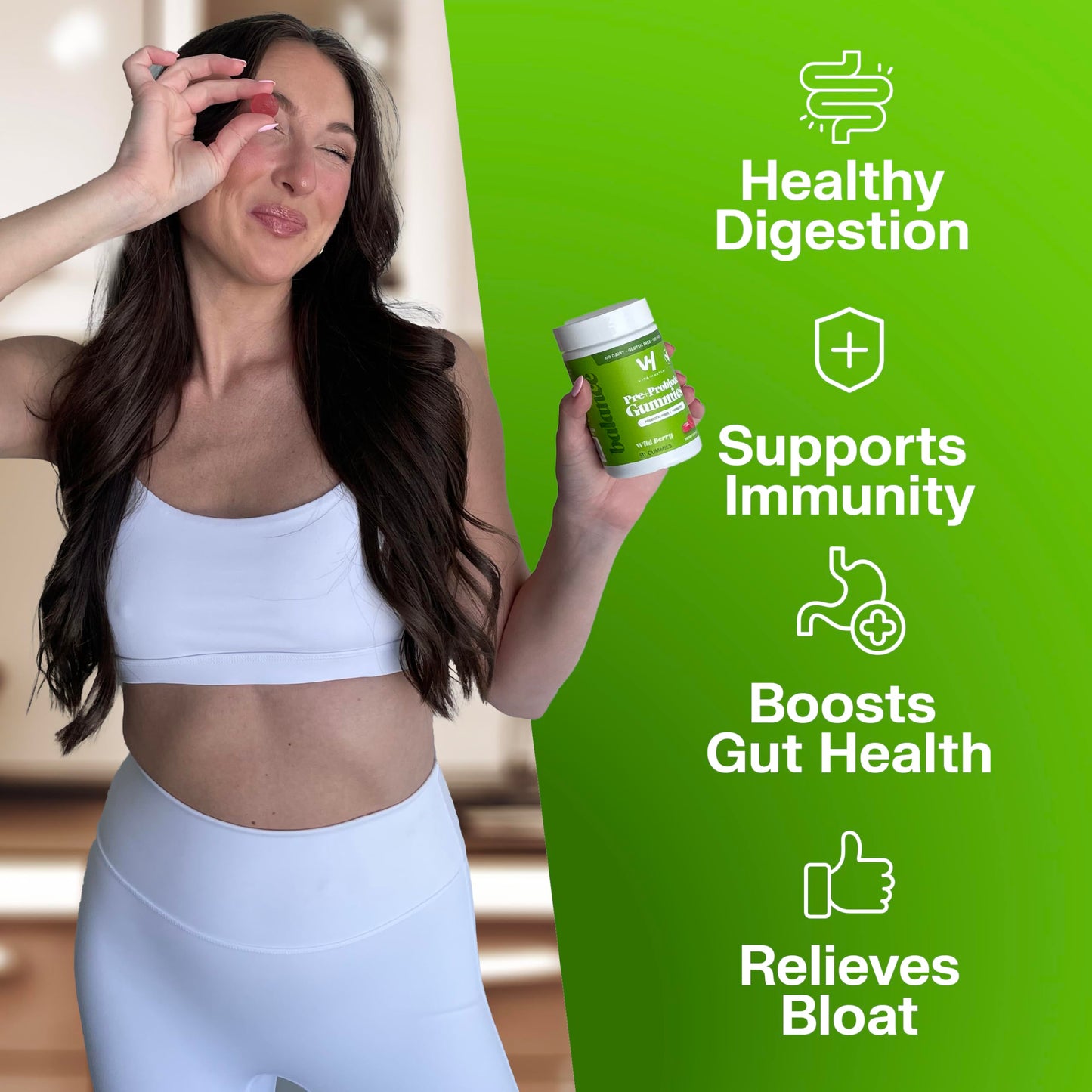 VitaHustle Pre + Probiotic Gummies, Vegan, Gut Health, Digestion, Bloating, Relief, Immune Support, Low Sugar, Plant Based, Non GMO, Berry Flavor, 50 Count