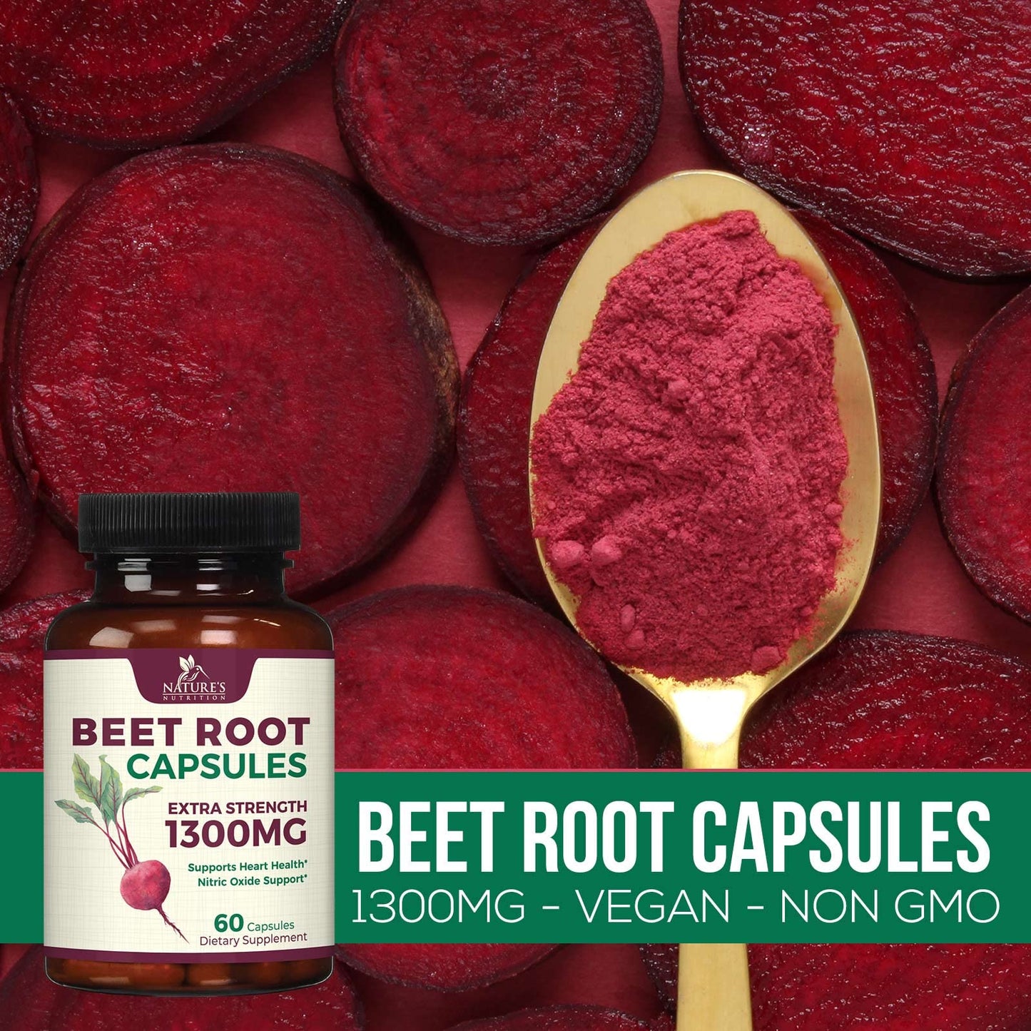 Beetroot Supplement - 1300mg Extra Strength Red Beet Root Powder Supports Nitric Oxide Production & Natural Energy - Vegan Herbal Pills Support Heart Health, GMO & Gluten Free - 60 Capsules