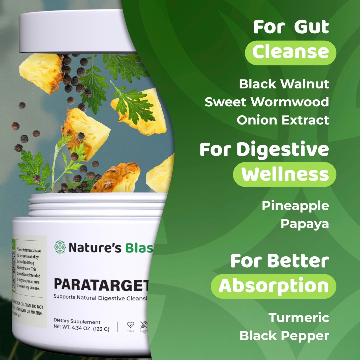 NATURES BLAST ParaTarget - Gut Cleanse Powder Supplement - Intestinal Gut Health Formula with Black Walnut, Wormwood, Turmeric & More - Natural Wellness Supplements for Women & Men - 30 Servings