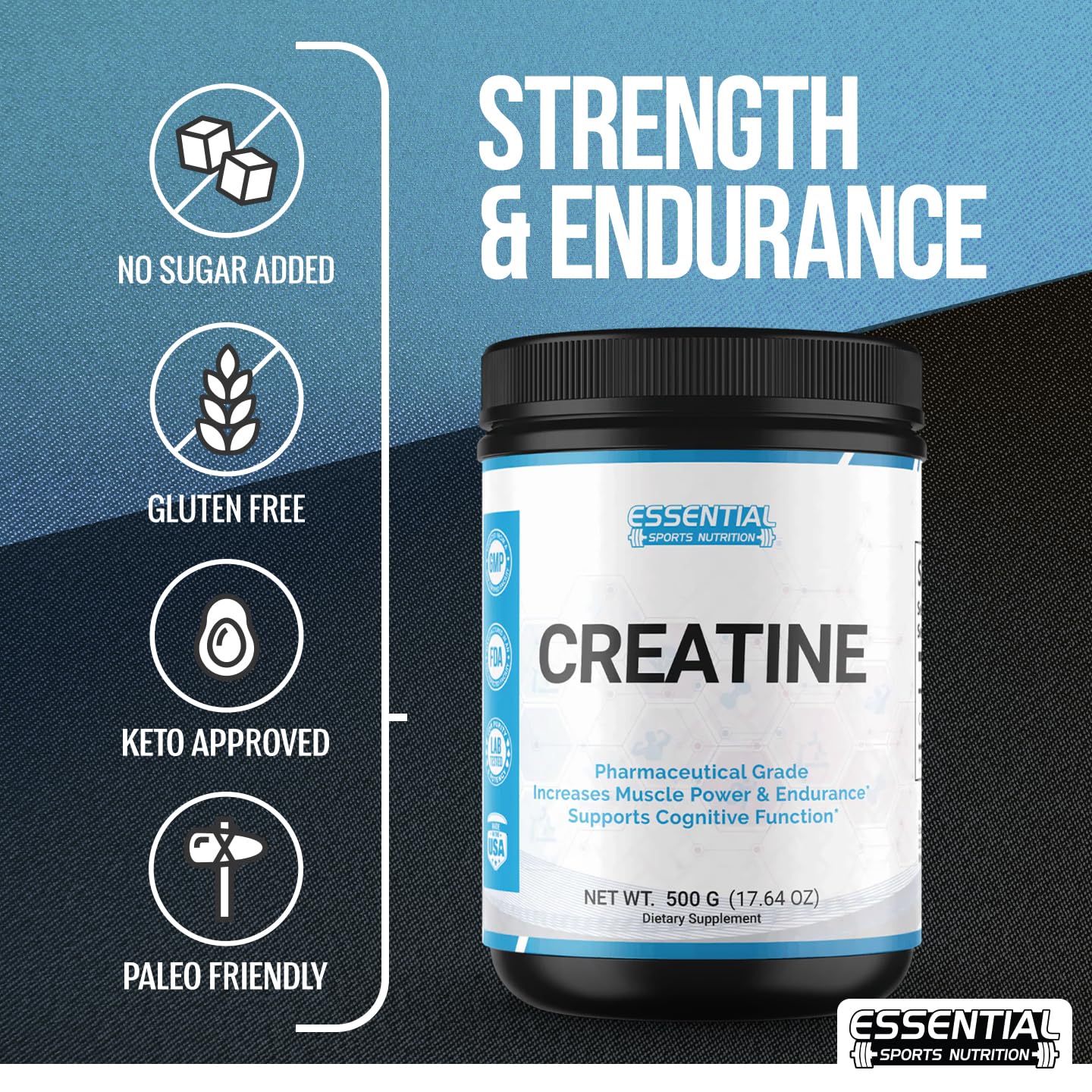 Essential Creatine Monohydrate Powder | 5,000mg | 100 Servings | Support Muscle Growth, Strength, and Recovery | Vegan, Gluten-Free, Unflavored, No Artificial Ingredients | 1.1 lbs