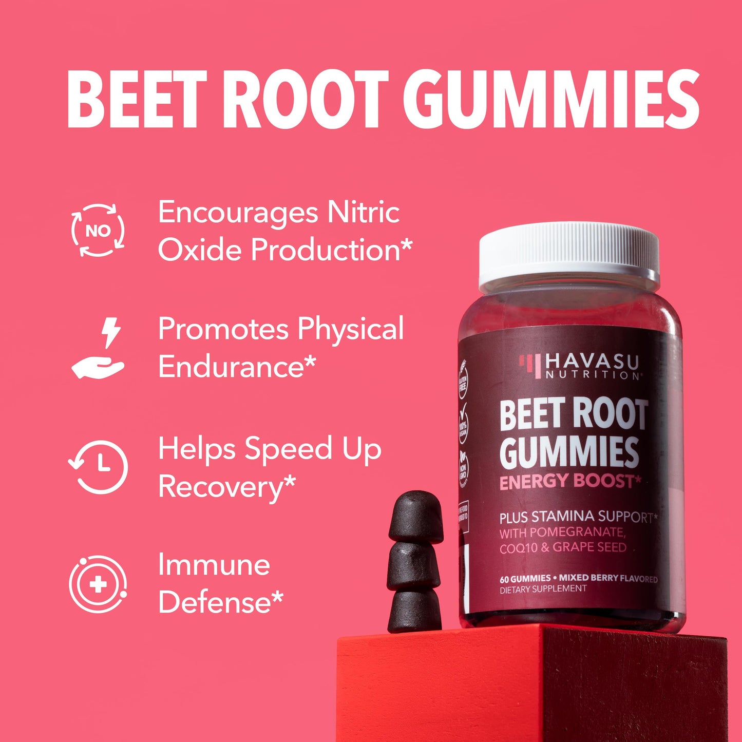 Beet Root Gummies with COQ10 & Pomegranate - Nitric Oxide Supplement for Men and Women - Endurance, Performance, Recovery - Vegan, Non-GMO, Gluten Free - Mixed Berry Flavor, 2 Month Supply