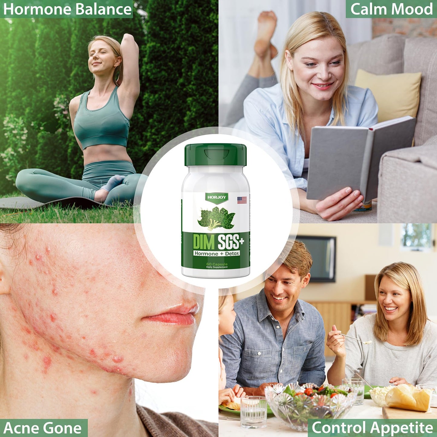 HORJOY DIM SGS + - Hormone + Detox.Encourages Hormone Balance, Hormonal Acne Supplements,Helps Control Appetite,Promotes Detoxification(60 Capsules)