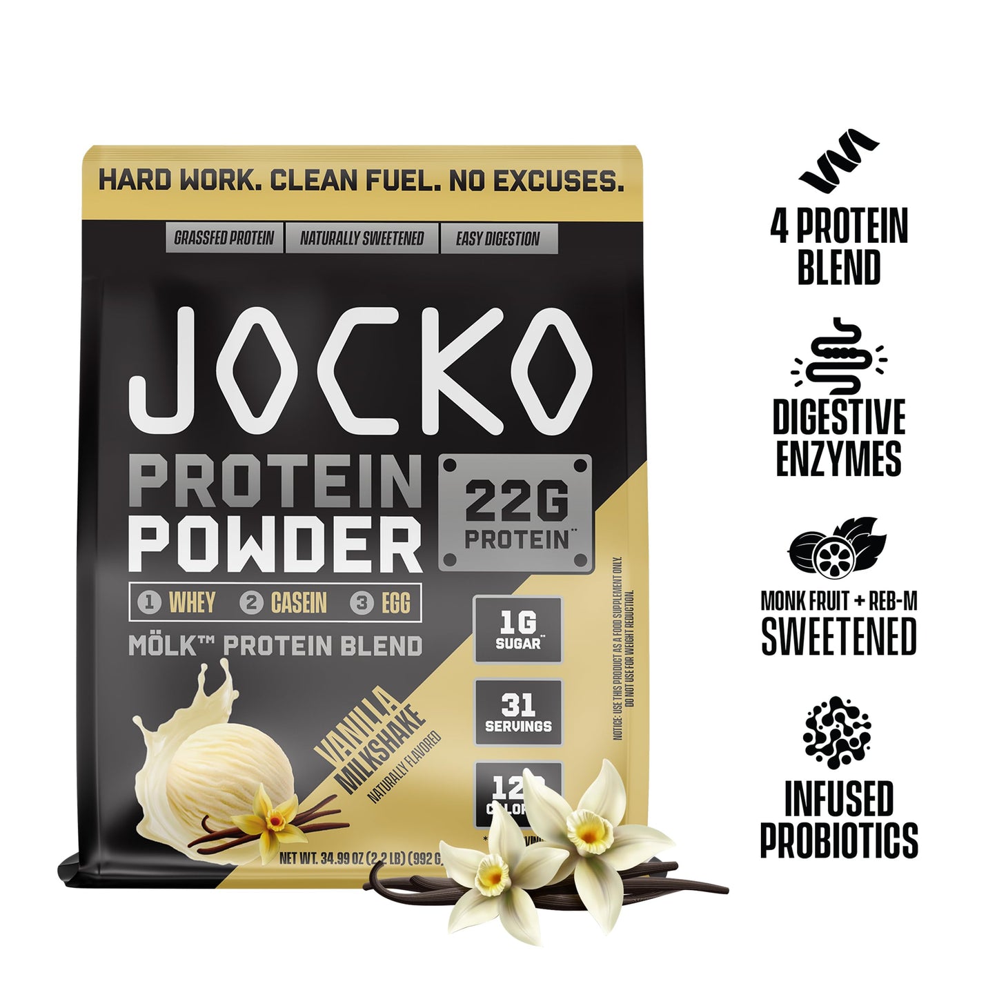 Jocko Fuel Mölk Whey Protein Powder 22g Protein - Low Sugar Monk Fruit Blend - Muscle Recovery & Growth, Packaging May Vary (31 Servings, Vanilla Milkshake)
