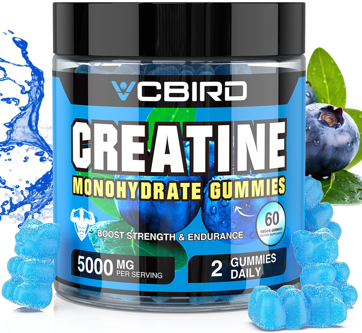 VCBIRD Creatine Monohydrate 5g Per Serving, No Sugar Creatine Supplements Support for Strength, Performance, Energy, Recovery, Gluten-Free Creatine for Women and Men (60 Gummies)