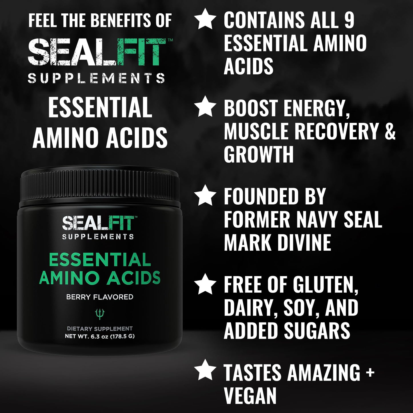 SEALFIT Essential Amino Acids Pre + During + Post Workout Powder. EAA + BCAA Aminos Supplement for Energy, Muscle Growth, and Recovery. EAAs and BCAAs Preworkout for Men & Women. Perfect Berry Flavor