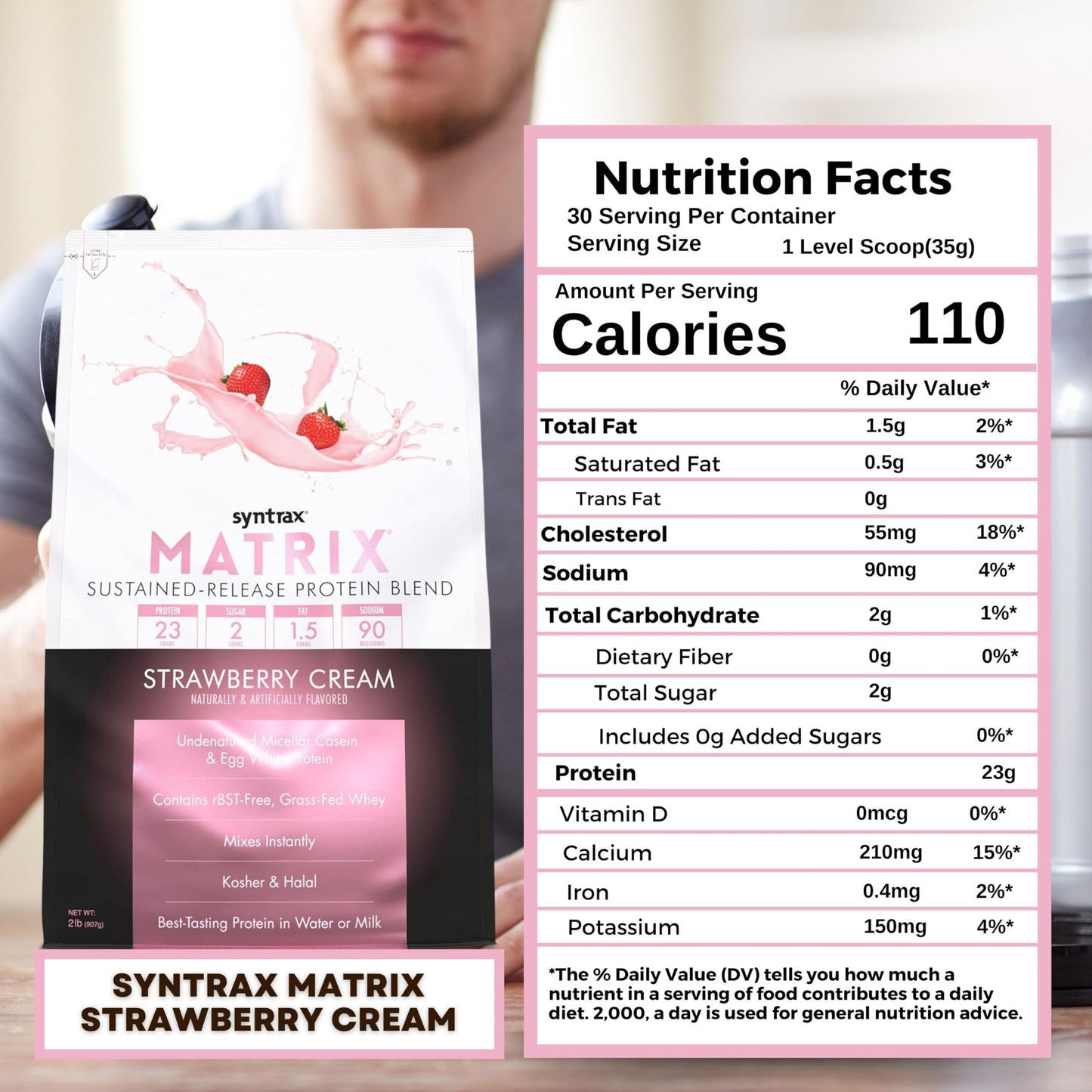 Syntrax Bundle: Matrix Protein Powder 2.0 Sustained-Release Casein Protein and Whey Protein Powder - Instant Mix Strawberry Cream Protein Powder Flavor, 2lbs with Worldwide Nutrition Keychain