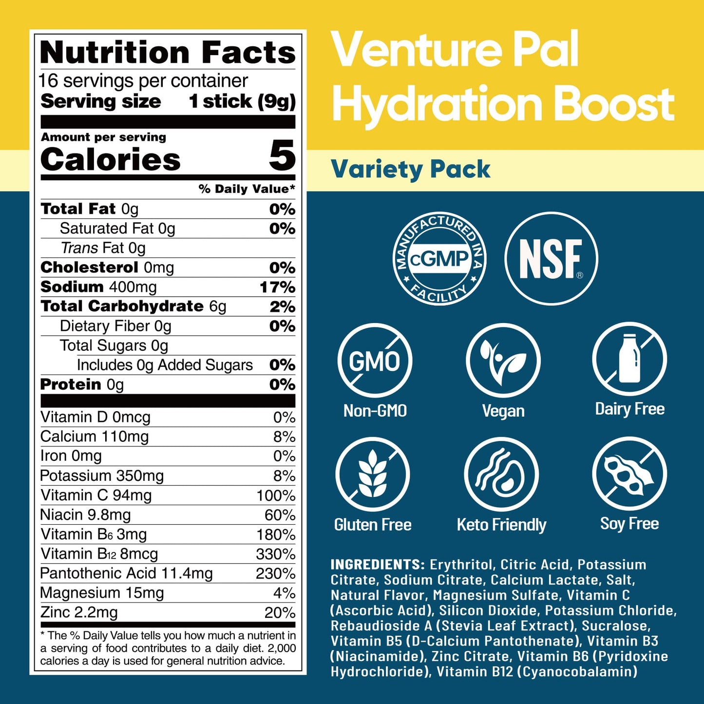 Venture Pal Sugar Free Electrolyte Powder Packets - Liquid Daily IV Hydration Packets for Rehydration | 5 Vitamins & 7 Electrolytes | Keto Friendly | Non-GMO | Vegan | 16 Sticks