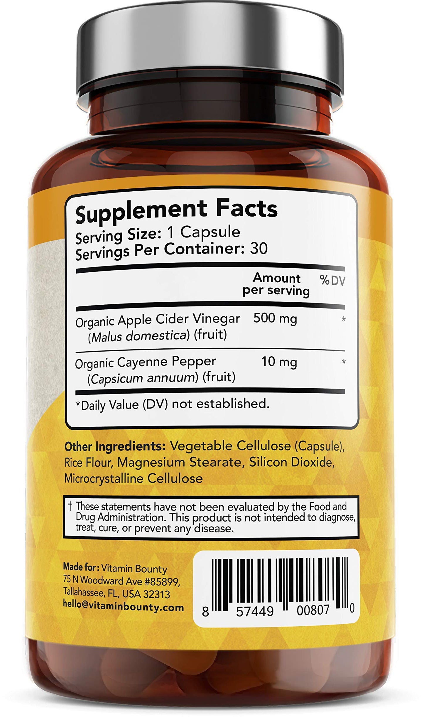 Vitamin Bounty Apple Cider Vinegar Capsules with Cayenne Pepper - Organic ACV with Mother for Digestive Health & GLP-1 Support - 510mg, 30 Capsules