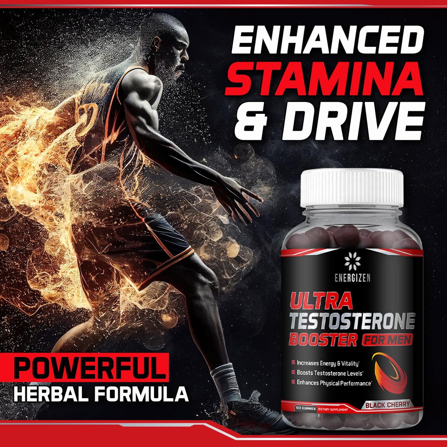 Energizen 8in1 Testosterone Booster for Men with Tongkat Ali, Fenugreek, Ashwagandha and Magnesium - Improve Libido & Hormonal Balance, Non GMO Made in the USA, Black Cherry, 120 Count Gummies for Men