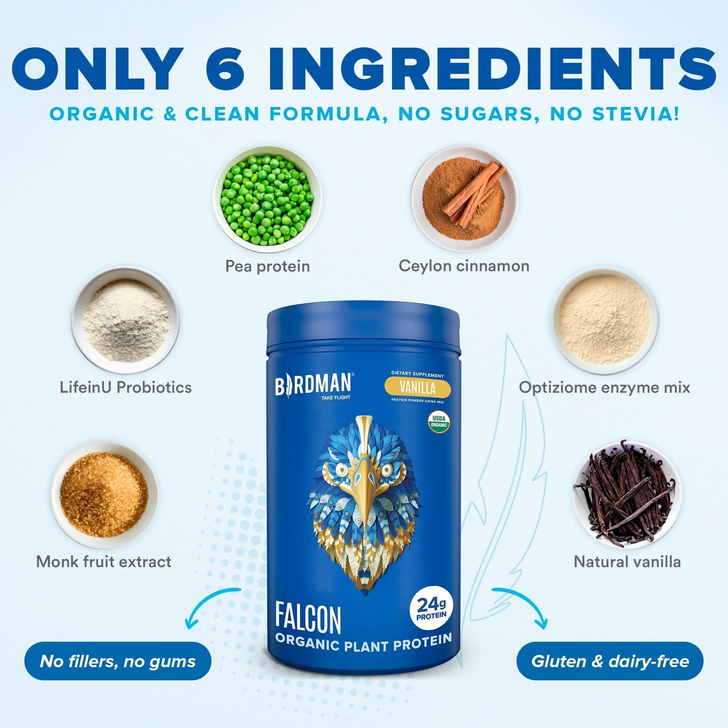 BIRDMAN Falcon Organic Vegan Protein Powder Vanilla, 24g Protein, Sugar Free, Probiotics, Low Carb, Keto Friendly, Dairy Free, Lactose Free, Non Whey, Plant Based Pea Protein Powder - 20 Servings
