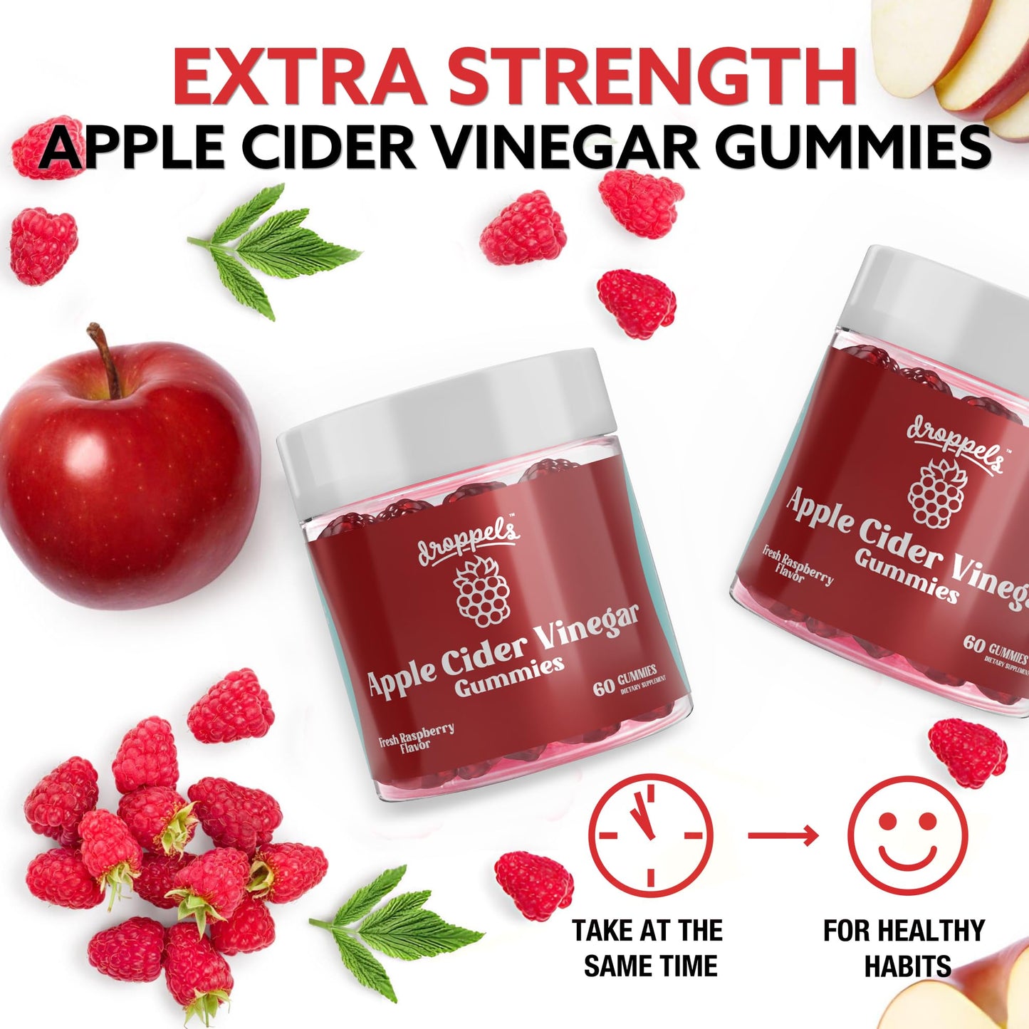 Droppels Apple Cider Vinegar Gummies 1000mg with Beet Root & Pomegranate | Non-GMO, Vegan-Friendly, Gluten Free | Supports Digestion, Metabolism, Energy & Immune Health | Raspberry Flavor