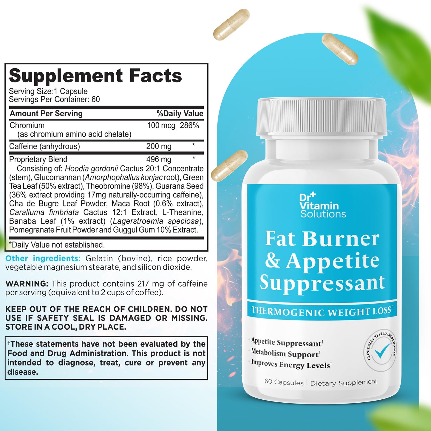 Dr Vitamin Fat Burner for Women & Men - Appetite Suppressant for Weight Loss - Pills w/ Metabolism Booster Thermogenic Weight Loss Supplement - Includes Chromium, Caffeine & Green Tea Extract - 60 Ct.