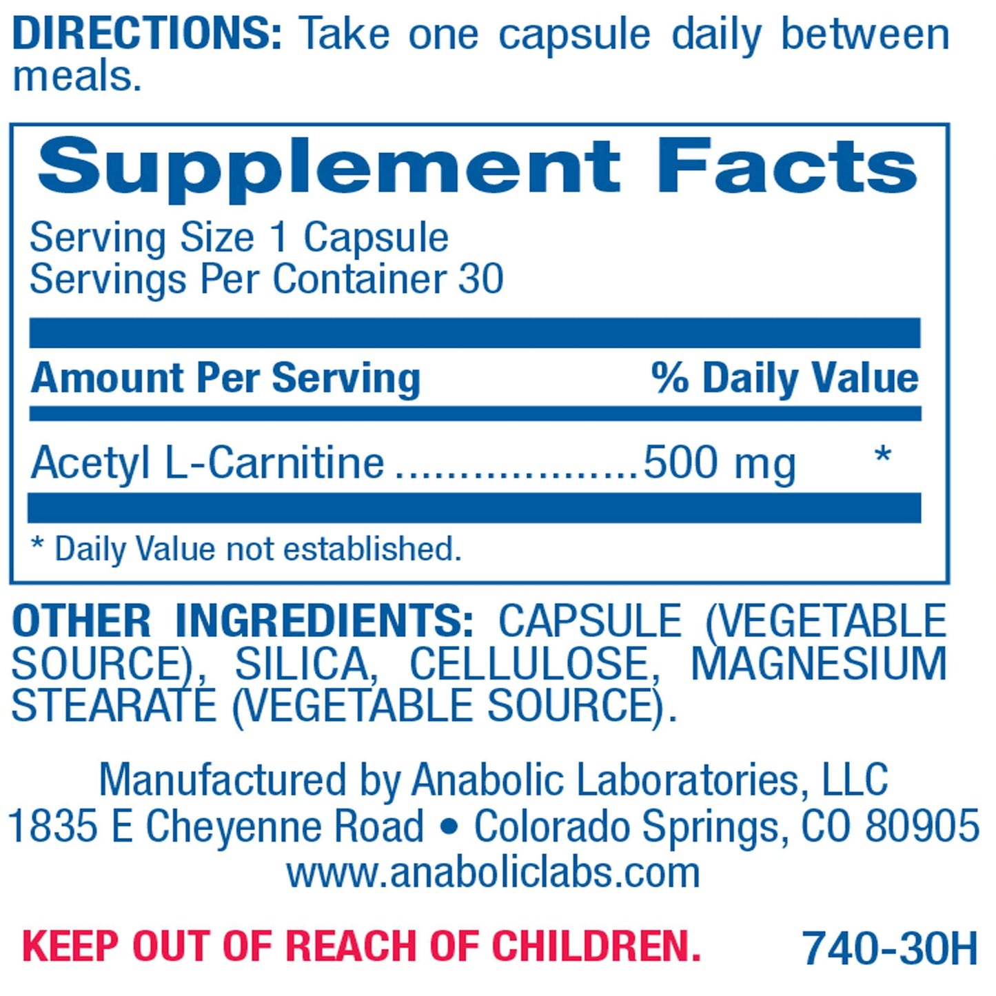 Anabolic Laboratories Acetyl L Carnitine Supplements - 30 Vegetarian 500mg Capsules for Brain Health and Energy Production