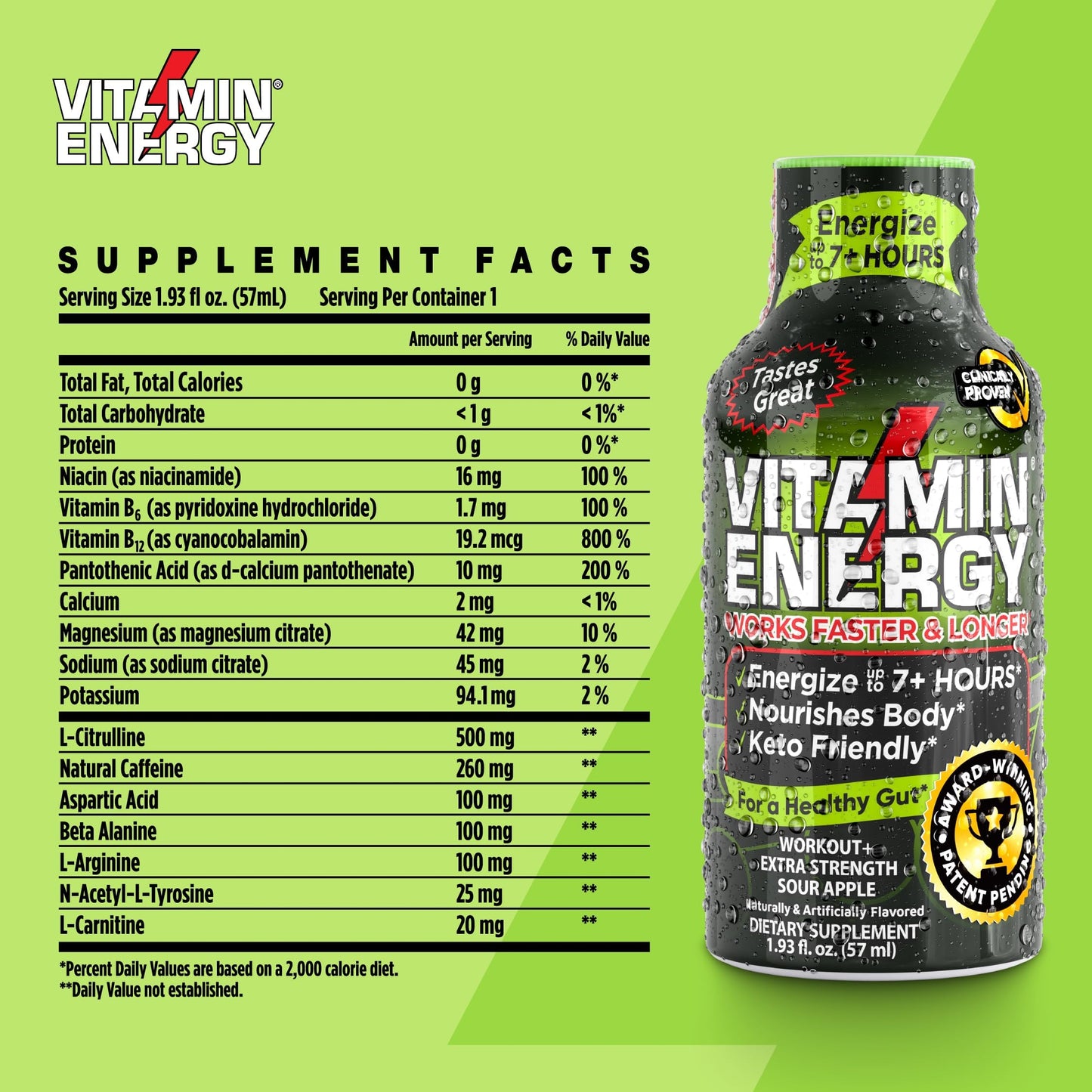 Vitamin Energy Workout+ Energy Shot - Sour Apple - 100% DV B-Vitamins & 260mg Natural Caffeine - Zero Calories, Sugar-Free, Vegan, Non-GMO - Pre-Workout & Endurance Support