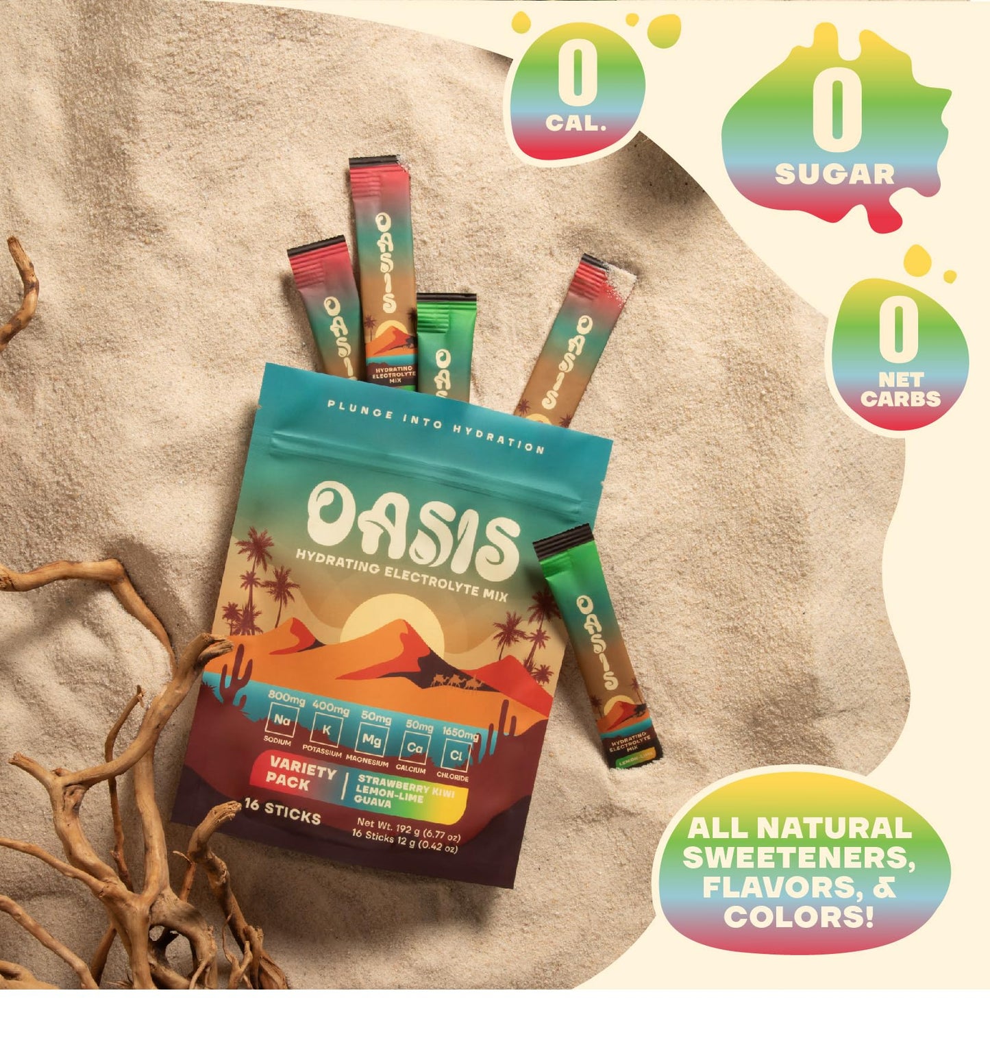 Oasis Electrolyte Powder - Sugar Free, Zero Calorie, Natural Flavor Hydration Packets for Workout or Going Out | ORS Hydration Powder Solution with 5 Electrolytes, Vitamin C | Variety Pack (16 Sticks)
