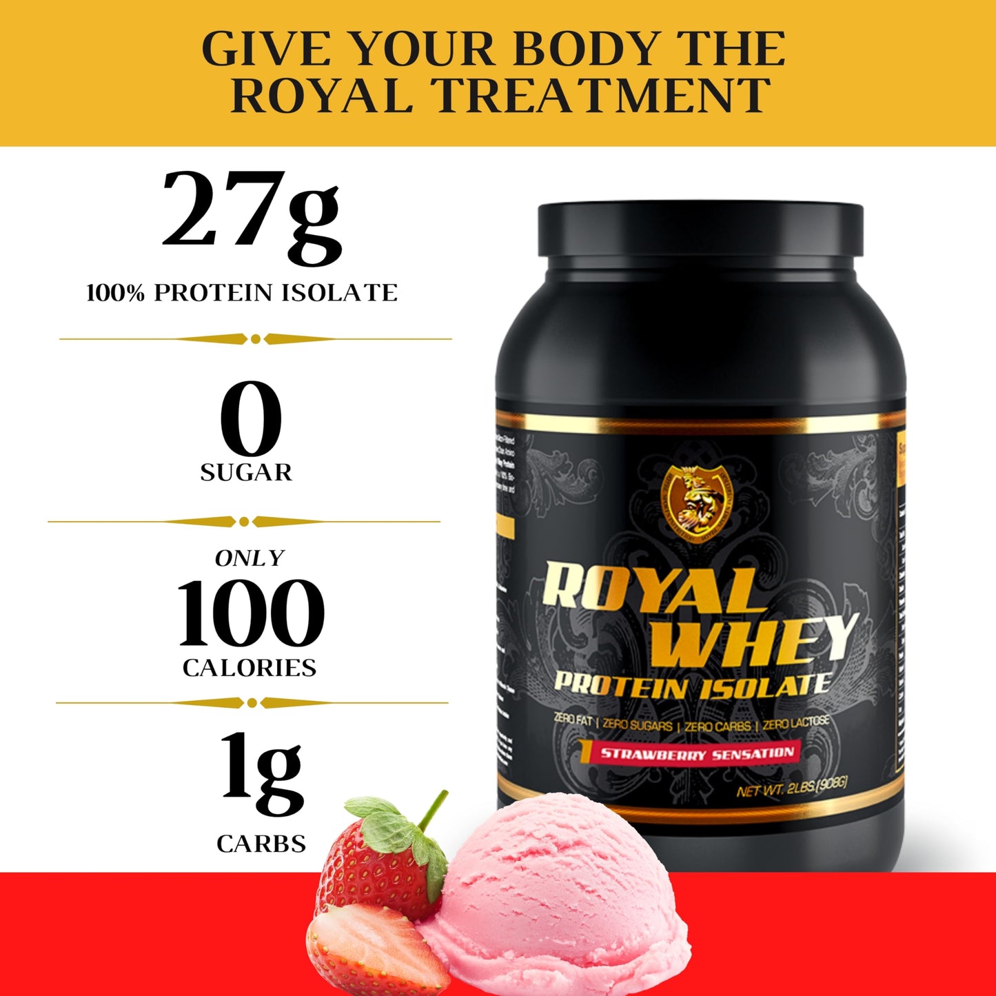 RSN Royal 100% Isolate Protein Powder | 27g Protein Isolate | 0 Sugar | 1g Carbs | 2 lbs | 30 Servings | Strawberry Sensation