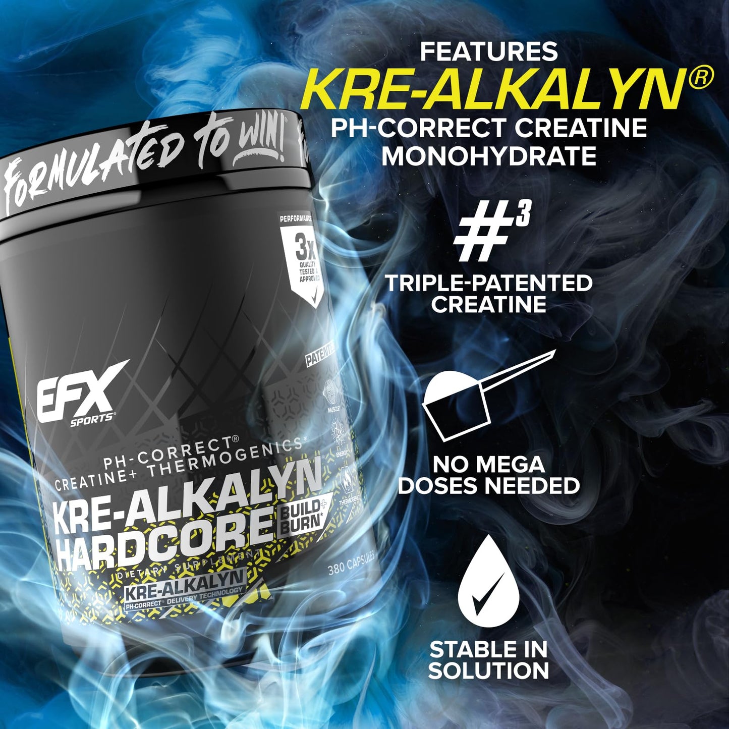 EFX Sports Kre-Alkalyn Hardcore | Thermogenic pH Correct Creatine Monohydrate Pill Supplement | Energy & Strength Pre Workout | 126 Servings, 380 Capsules