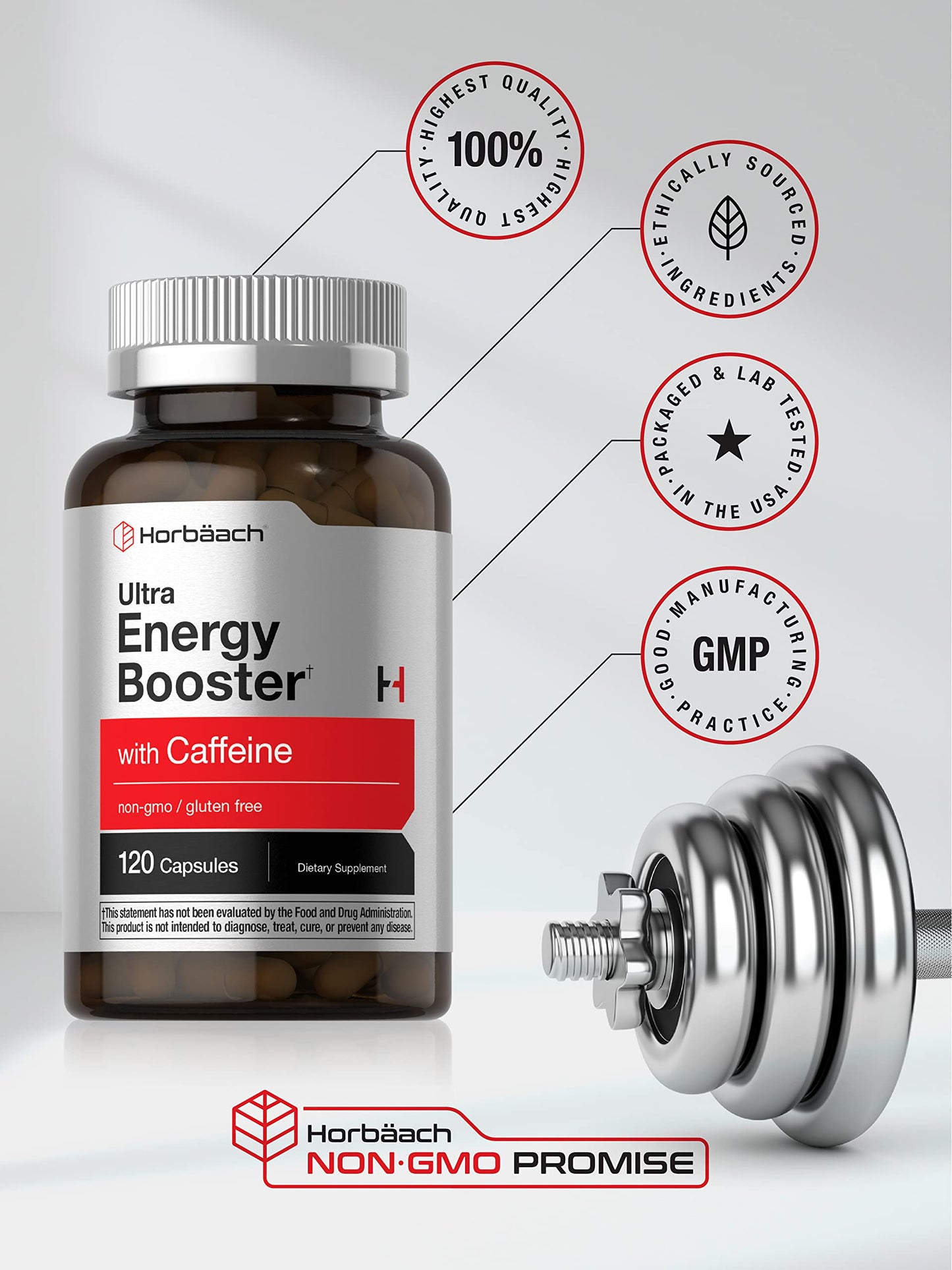 Horbäach Energy Supplement | 120 Capsules | with Caffeine, Ginseng & Vitamin B12 | Daily Energy Booster Pills | Non-GMO, Gluten Free