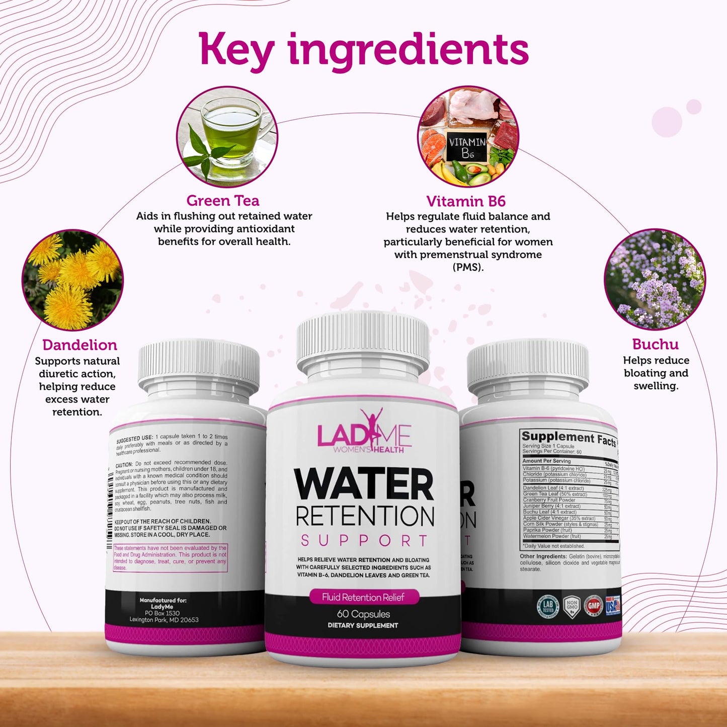 Water Retention Pills for Women Bloating Relief with Vitamin B6, Dandelion & Green Tea Natural Diuretic for Water Draining, Bloating & Swelling Detox Capsules - 60 Caps (2 Months Supply) - by LadyMe