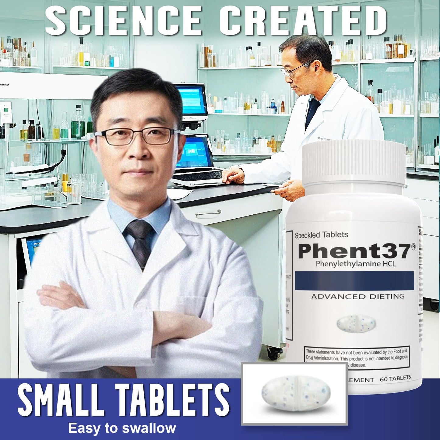 Phent37 (1 Bottle - 60 Speckled Tablets) - Advanced Phenylethylamine HCL Dietary Nutraceutical, Premium Small White and Blue Tablets, Boost Metabolism, Weight Management for Men and Women