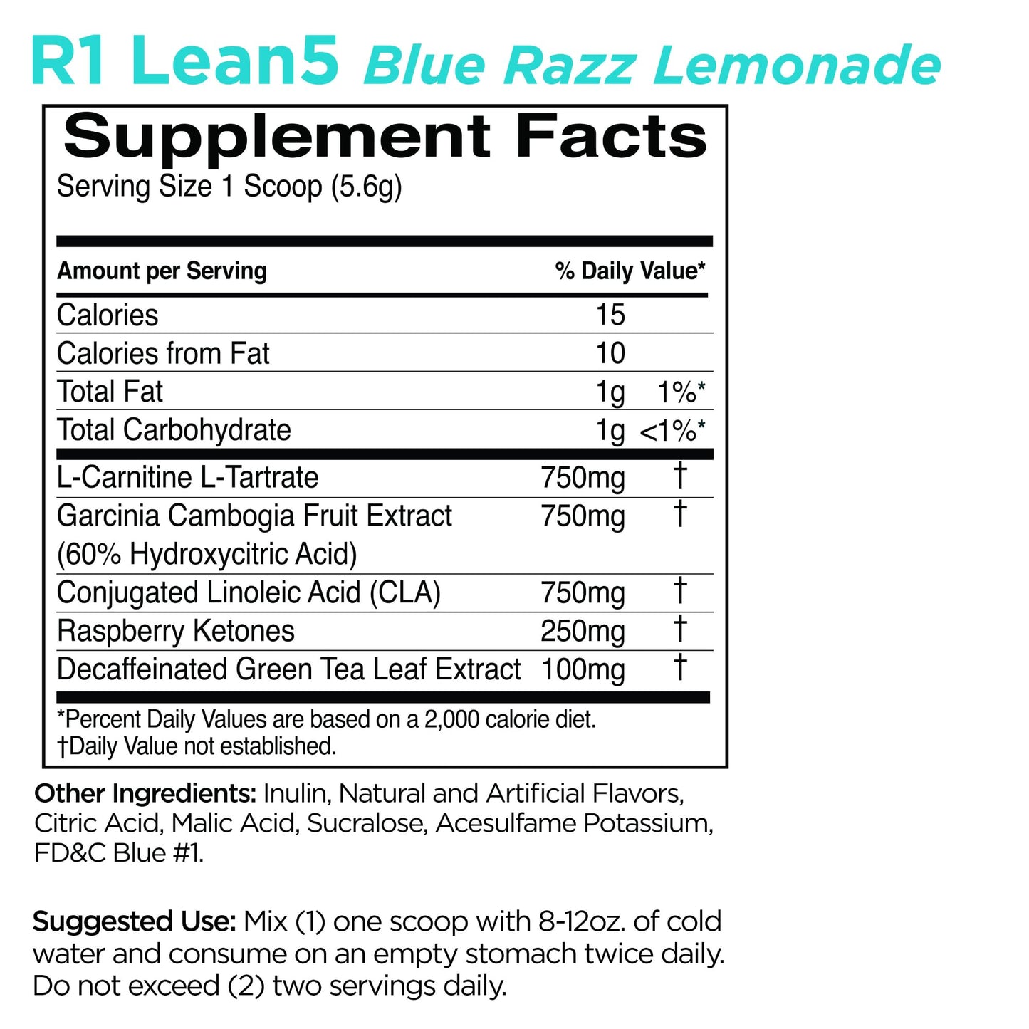 Rule 1 R1 Lean5, Blue Razz Lemonade - 11.9 oz - Stimulant-Free Formula with CLA, Garcinia Cambogia Extract & Carnitine - 60 Servings