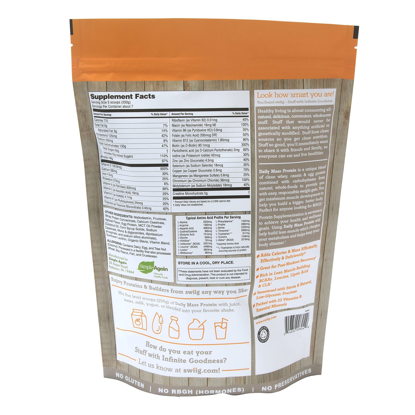 swiig Mass Builder Protein Powder, Madagascar Vanilla, No GMO Ingredients, No Artificial Flavors, Colors or Sweeteners, No Fillers, 3.3 Pound Bag