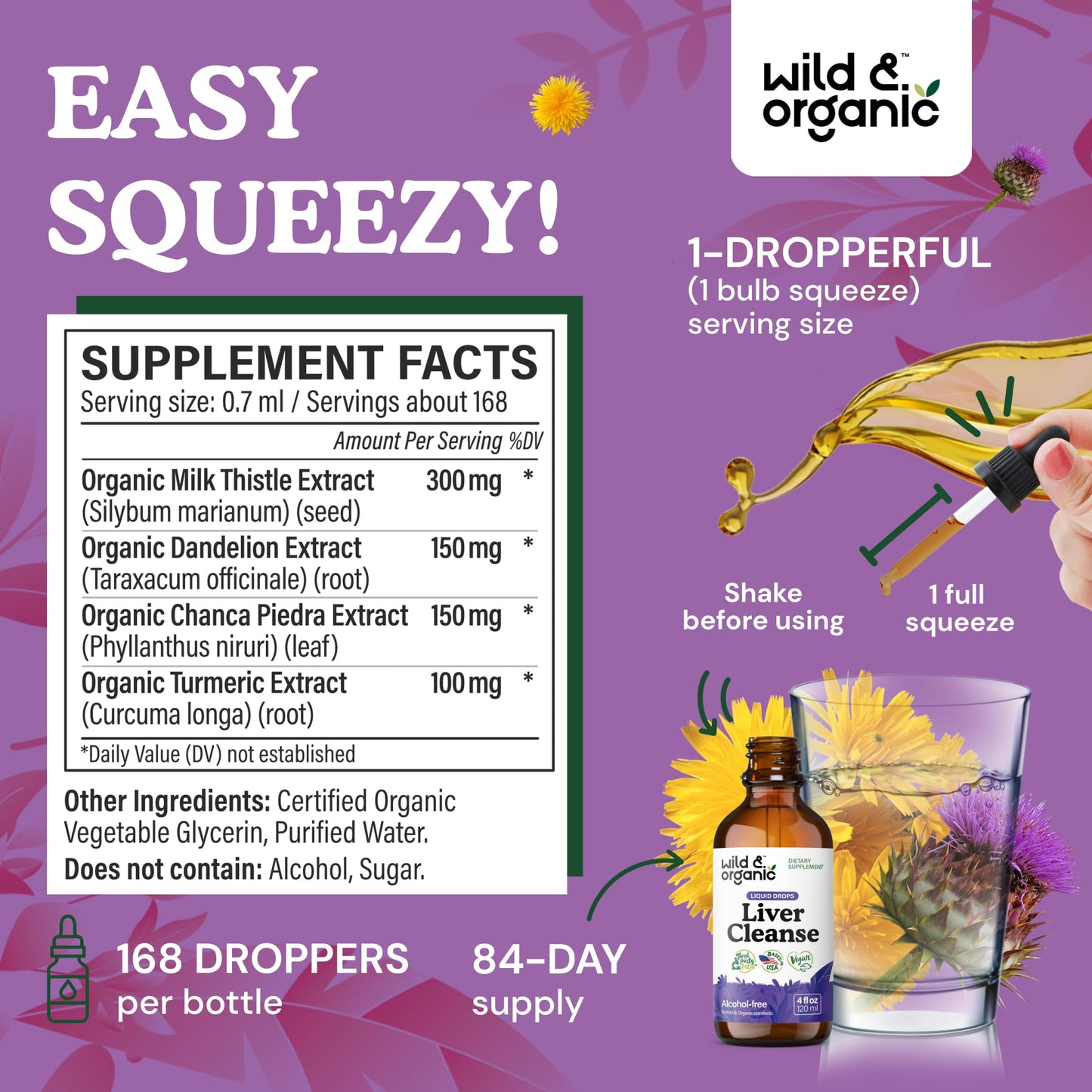 Wild & Organic Liver Cleanse Detox Tincture - Milk Thistle, Dandelion Root Herbal Complex - Liquid Liver Support Supplement - Vegan, Sugar & Alcohol-Free Milk Thistle Drops - 4 fl oz