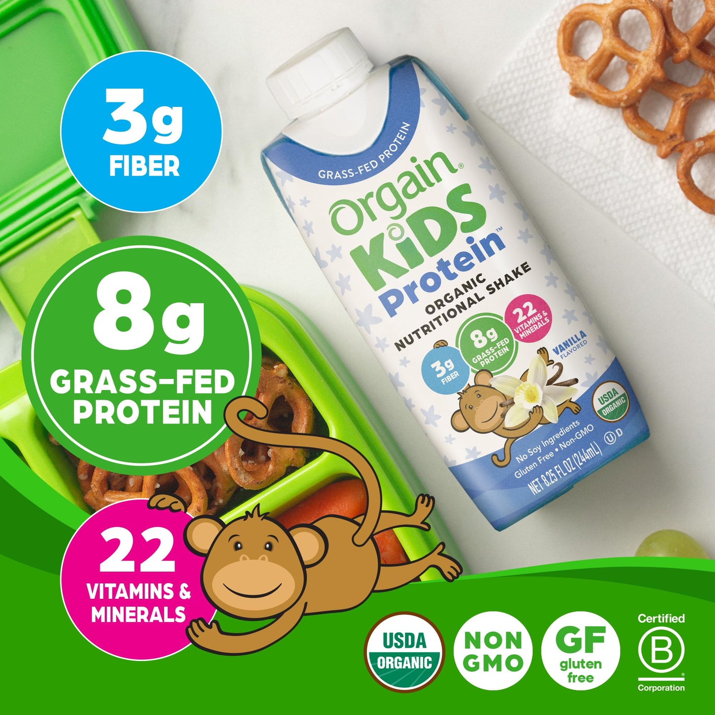 Orgain Organic Kids Nutritional Protein Shake, Vanilla, Healthy Kids Snacks, 8g Dairy Protein, 3g Fiber, 22 Vitamins & Minerals, No Soy ingredients, Gluten Free, Non-GMO, 8.25 Fl Oz (Pack of 12)