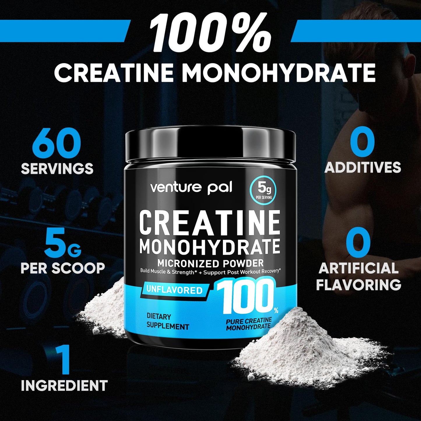 Venture Pal Micronized Creatine Monohydrate Powder - Unflavored Creatine for Women & Men, Creatina Monohidratada en Polvo