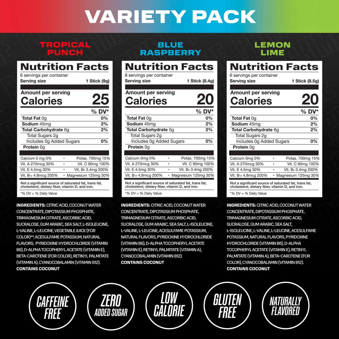 PRIME HYDRATION+ Sticks VARIETY PACK | Hydration Powder Single Serve | Electrolyte Powder On The Go | Low Sugar | Caffeine-Free | Vegan | 20 Sticks