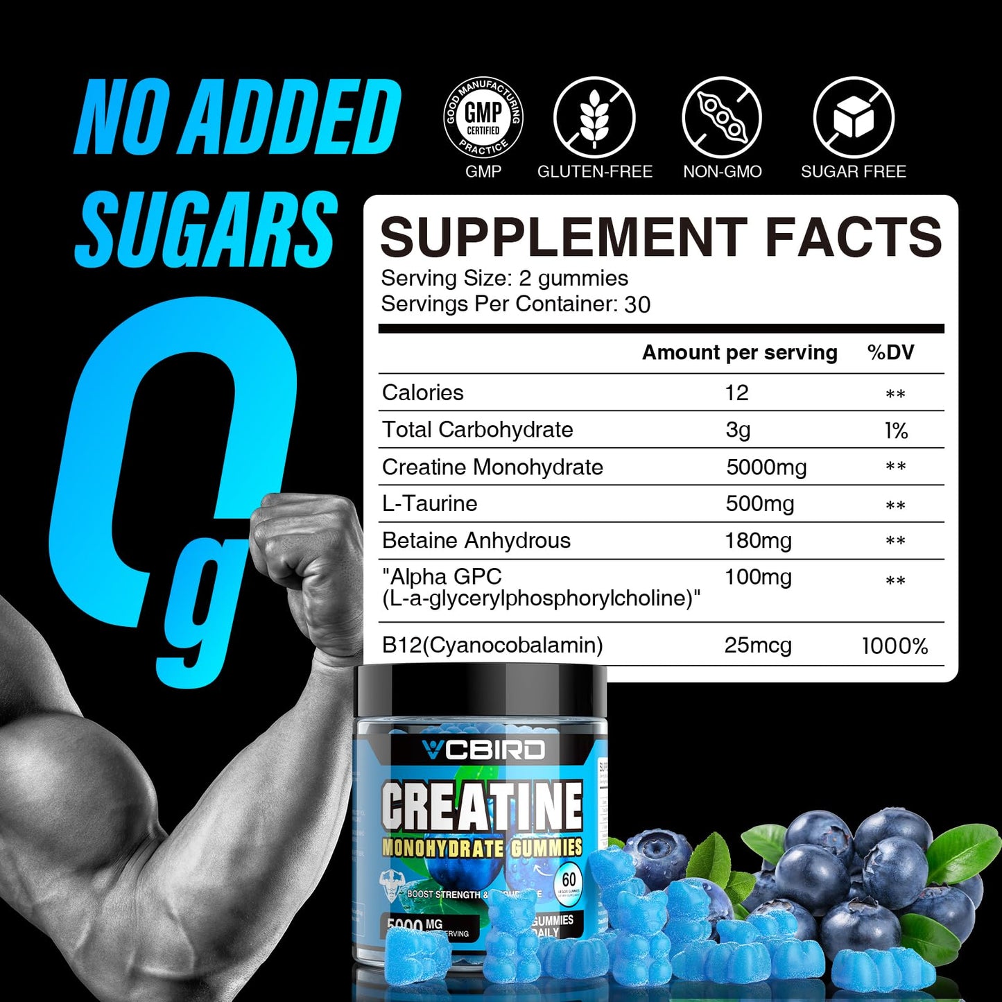 VCBIRD Creatine Monohydrate 5g Per Serving, No Sugar Creatine Supplements Support for Strength, Performance, Energy, Recovery, Gluten-Free Creatine for Women and Men (60 Gummies)