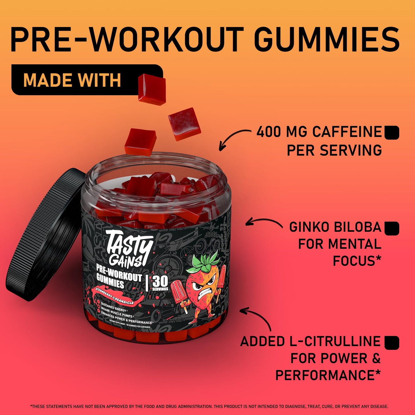 TASTY GAINS - Pre-Workout Gummies - Energy & Focus Boost, Caffeine Gummies for Men & Women, 400mg of Caffeine, 60 Count (60 Count (Pack of 1), Blue Raspberry)